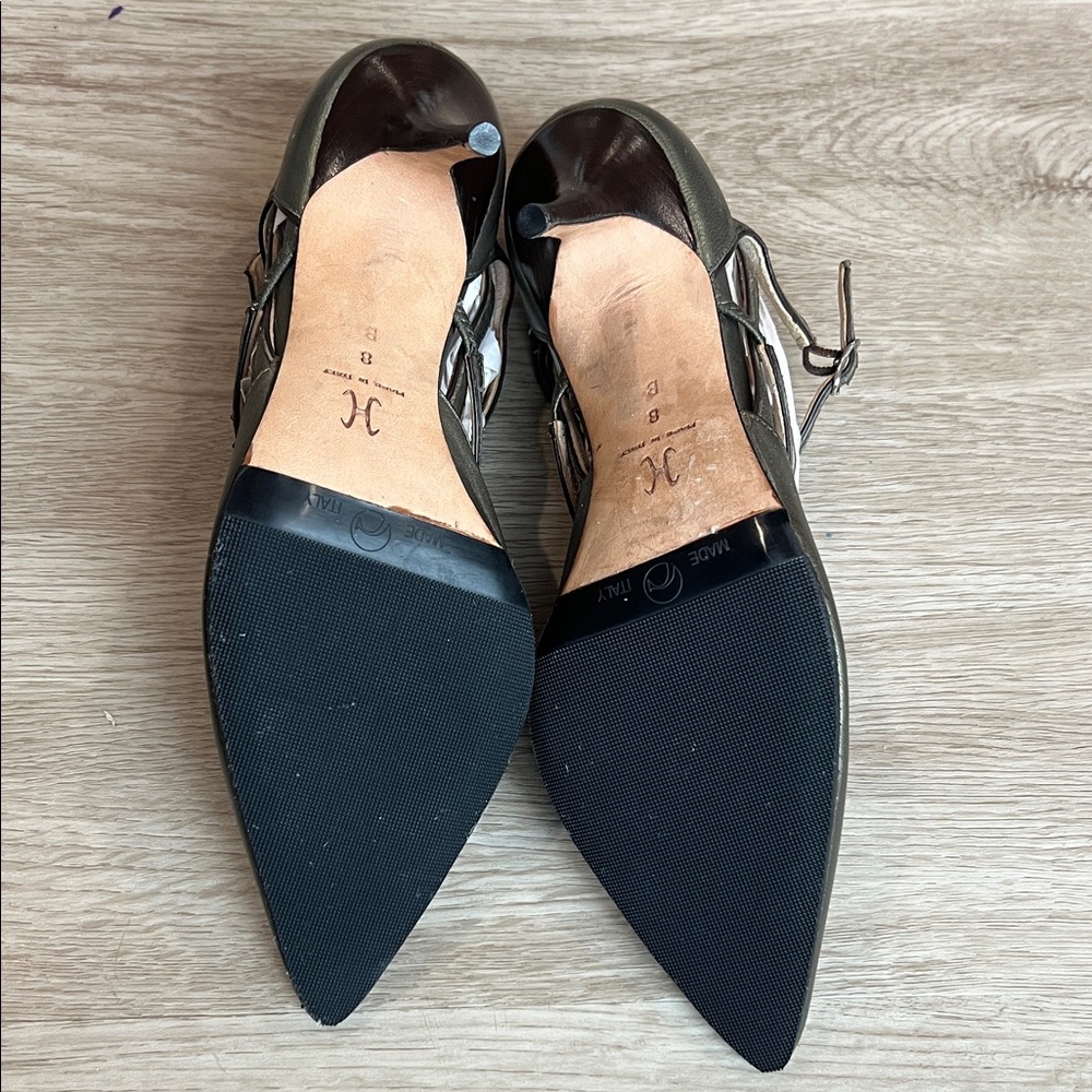 Cole Haan Collection Pointed Toe Strappy Pumps in Metallic Olive Green Leather - Picture 16 of 16
